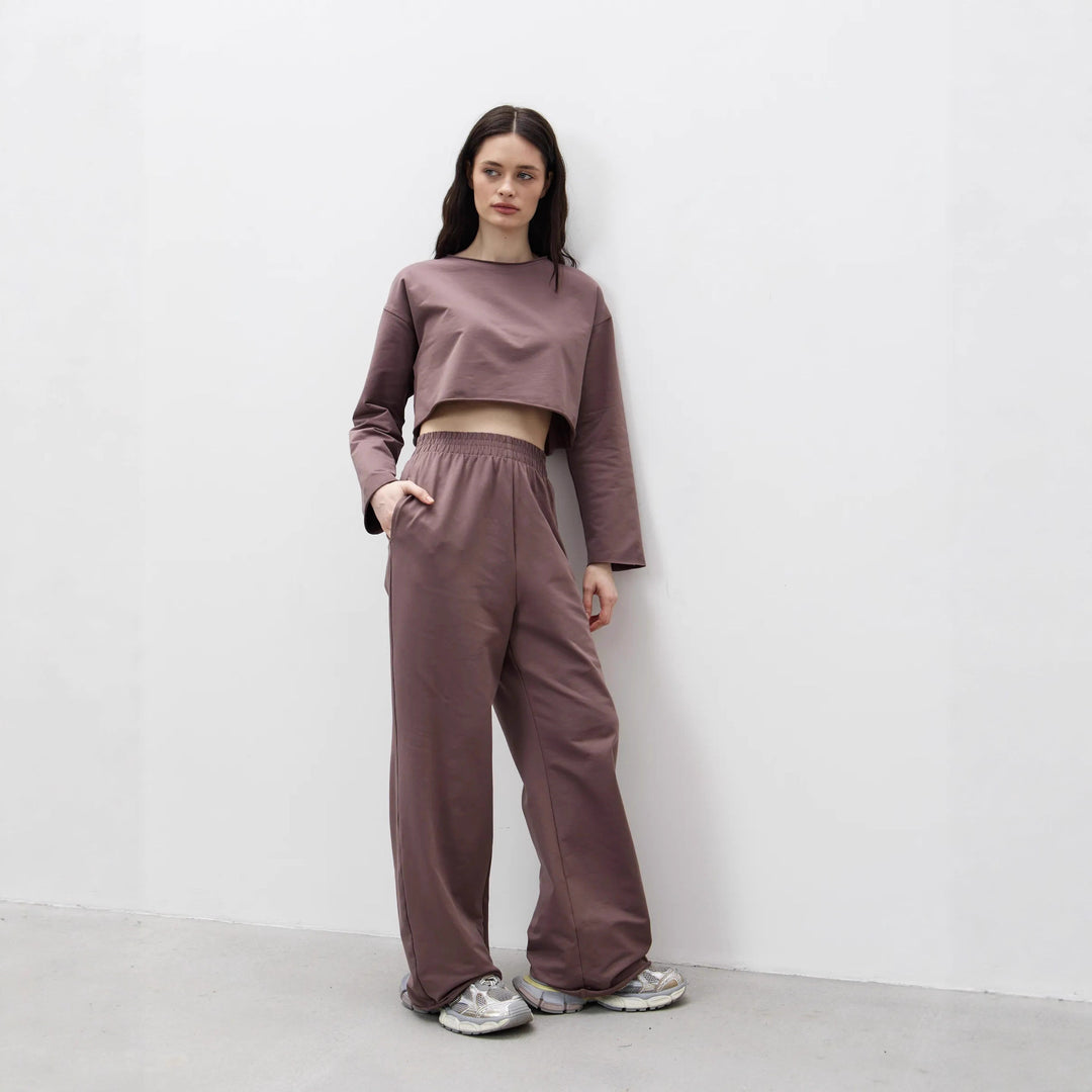 Damen Kurzgeschnittenes Sweatshirt und High-Waist Relax-Jogginghose Set – Avérine