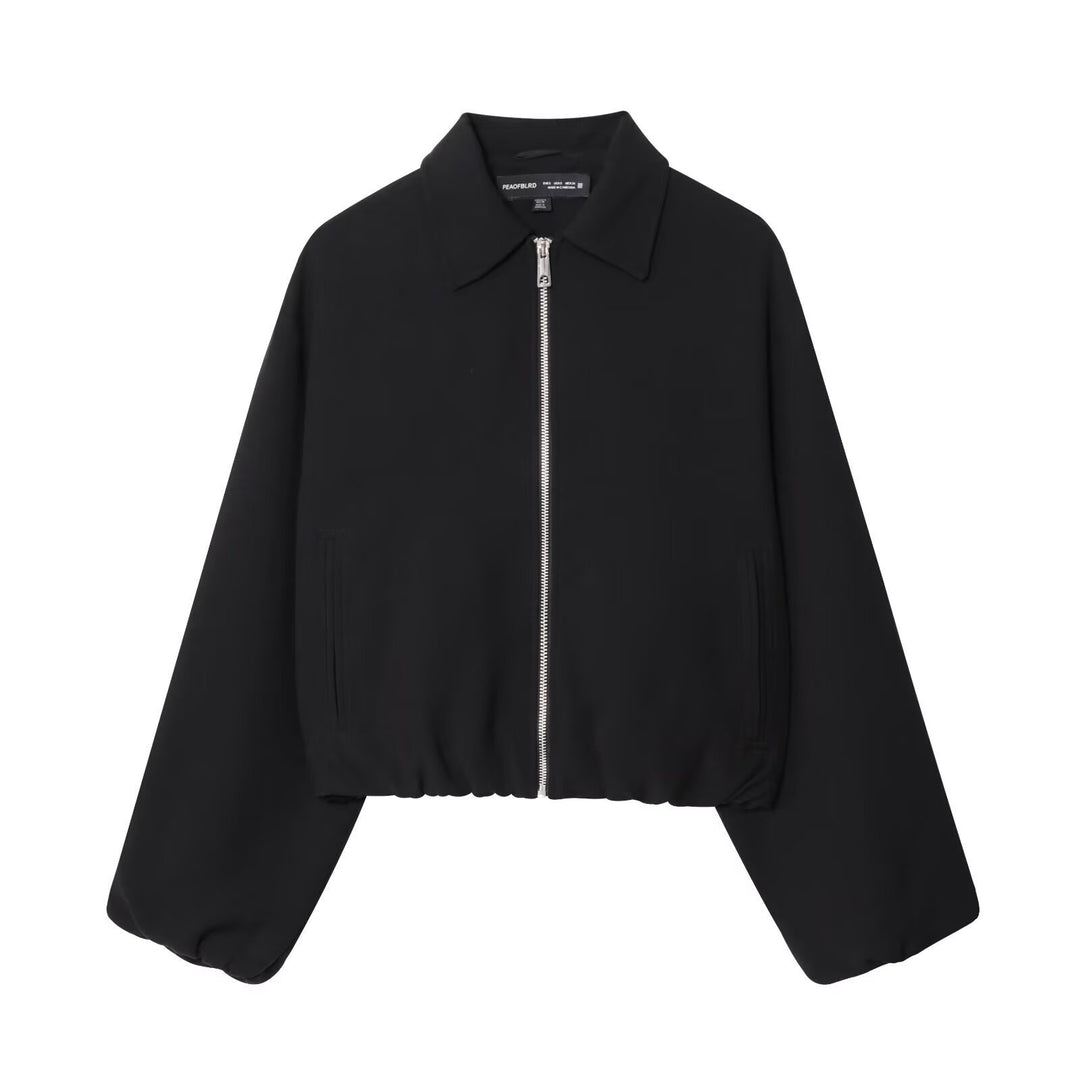 Damen Kurzjacke aus veganem Leder mit Kentkragen, durchgehendem Reißverschluss und gerafftem Saum Echo Archiv