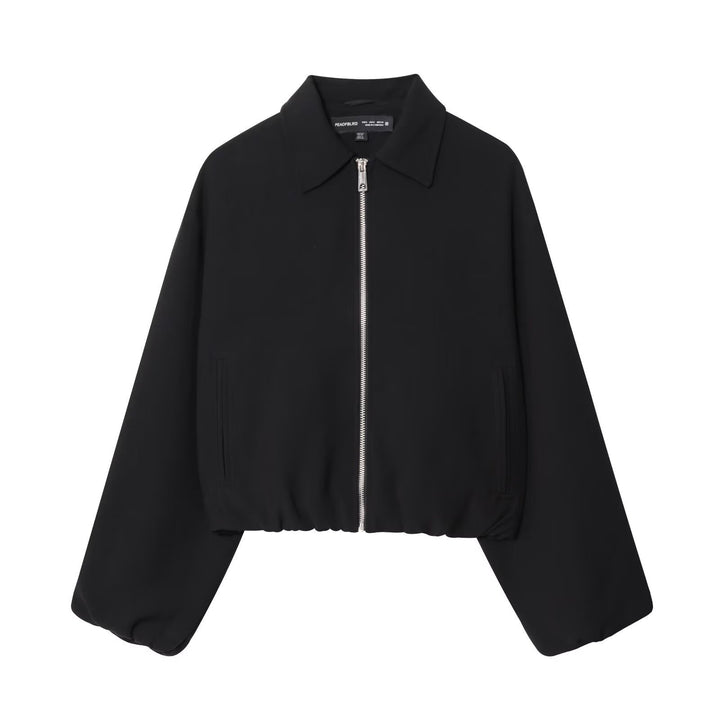 Damen Kurzjacke aus veganem Leder mit Kentkragen, durchgehendem Reißverschluss und gerafftem Saum Echo Archiv