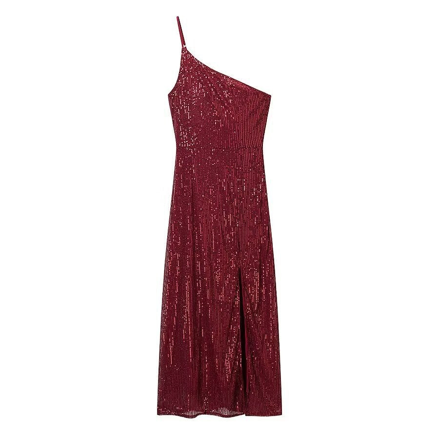 Damen glamouröses Abendkleid mit asymmetrischem Schnitt und schimmernden Pailletten Echo Archiv