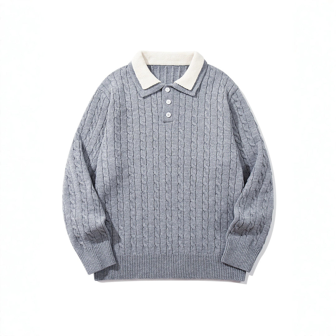 Unisex Polo-Strickpullover mit Zopfstrick und Kontrastkragen Echoarchiv