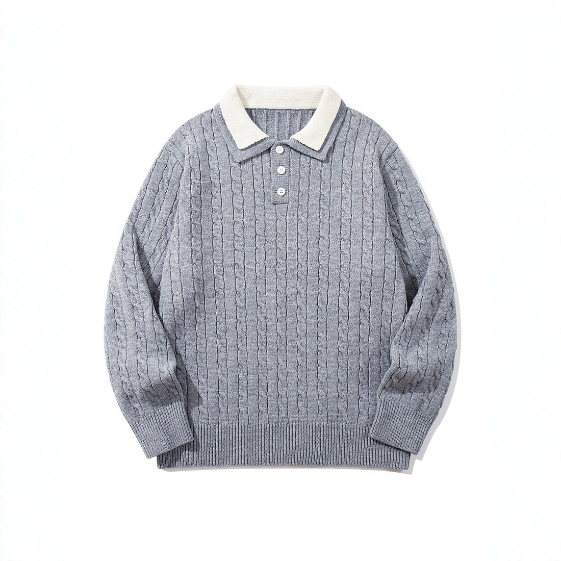 Unisex Polo-Strickpullover mit Zopfstrick und Kontrastkragen Echoarchiv