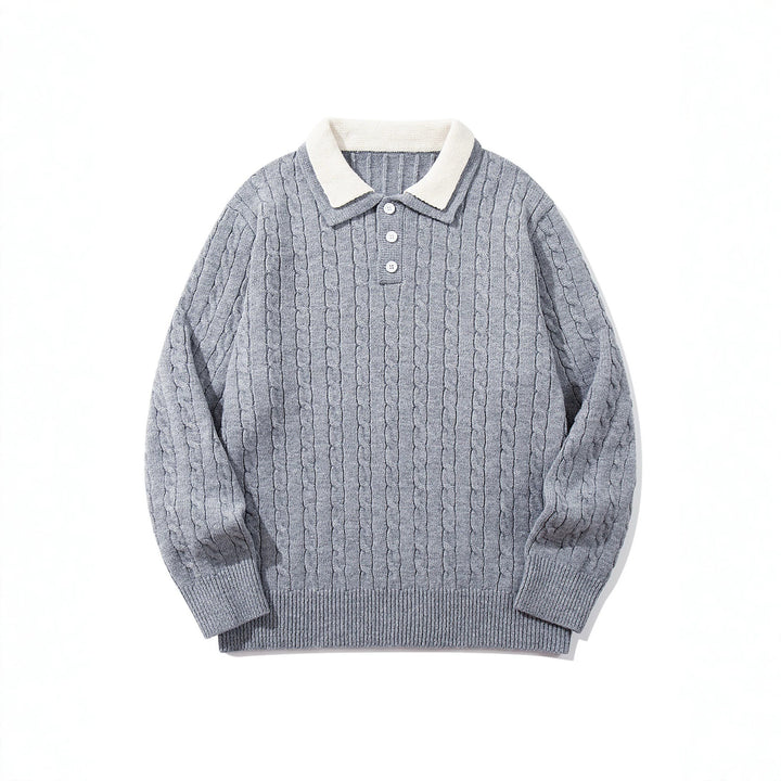 Unisex Polo-Strickpullover mit Zopfstrick und Kontrastkragen Echoarchiv