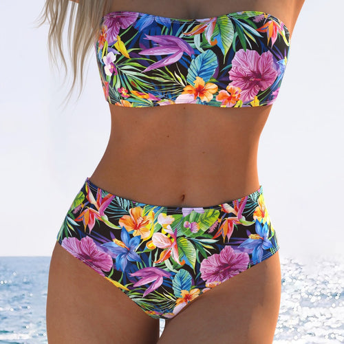 Damen Bandeau-Bikini mit hohem Taillenschnitt und buntem Tropenmotiv Echo Archiv