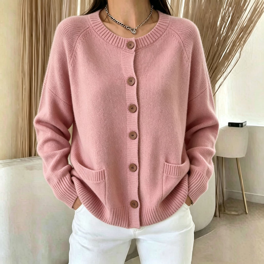 Damen Knopf-Cardigan mit Rundhals, aufgesetzten Taschen und Raglanärmeln – Veloura