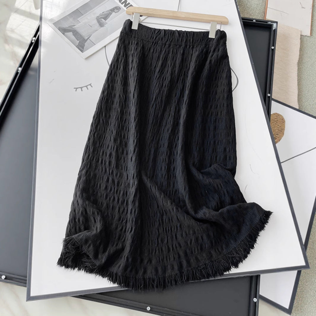 Damen Langer Strickrock mit fransigem Saum und strukturiertem Design – Rosévia
