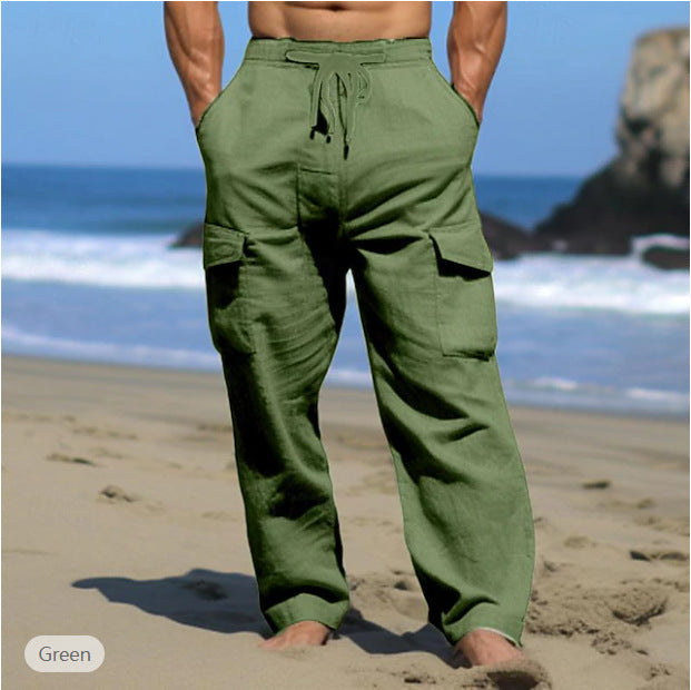 Herren weite Freizeit-Cargohose aus Leinenmix mit Tunnelzugbund, aufgesetzten Klappentaschen und entspanntem Strandfit – Bravaro