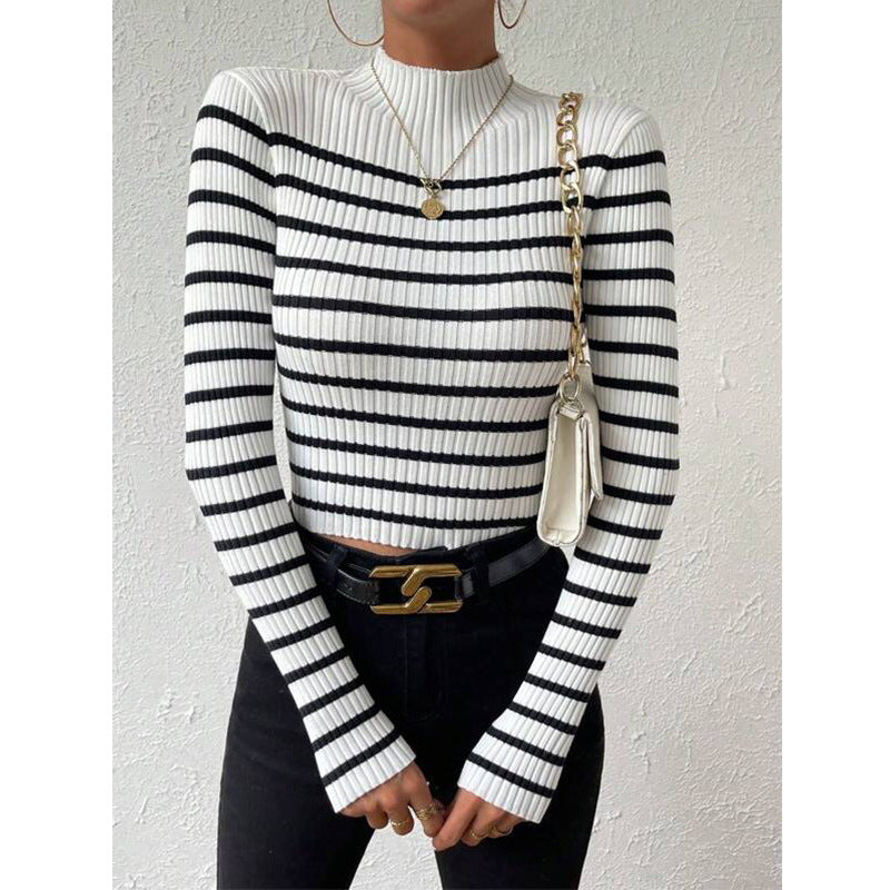 Damen Feinstrick-Pullover mit kurzem Stehkragen, Rippenstruktur und maritimen Streifen Echo Archiv
