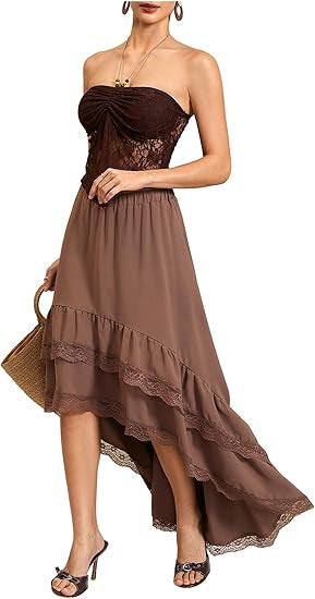 Damen Boho Maxi-Rock mit asymmetrischem Saum und Spitzenverzierungen Echo Archiv