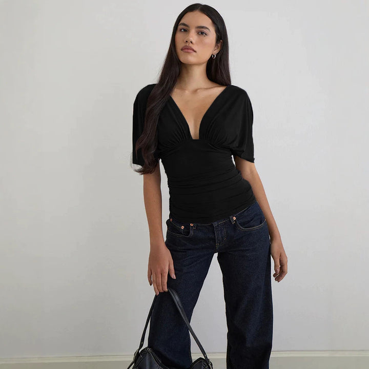 Damen Elegantes Oberteil mit tiefem V-Ausschnitt und lässigem Drapierungsdesign Echo Archiv