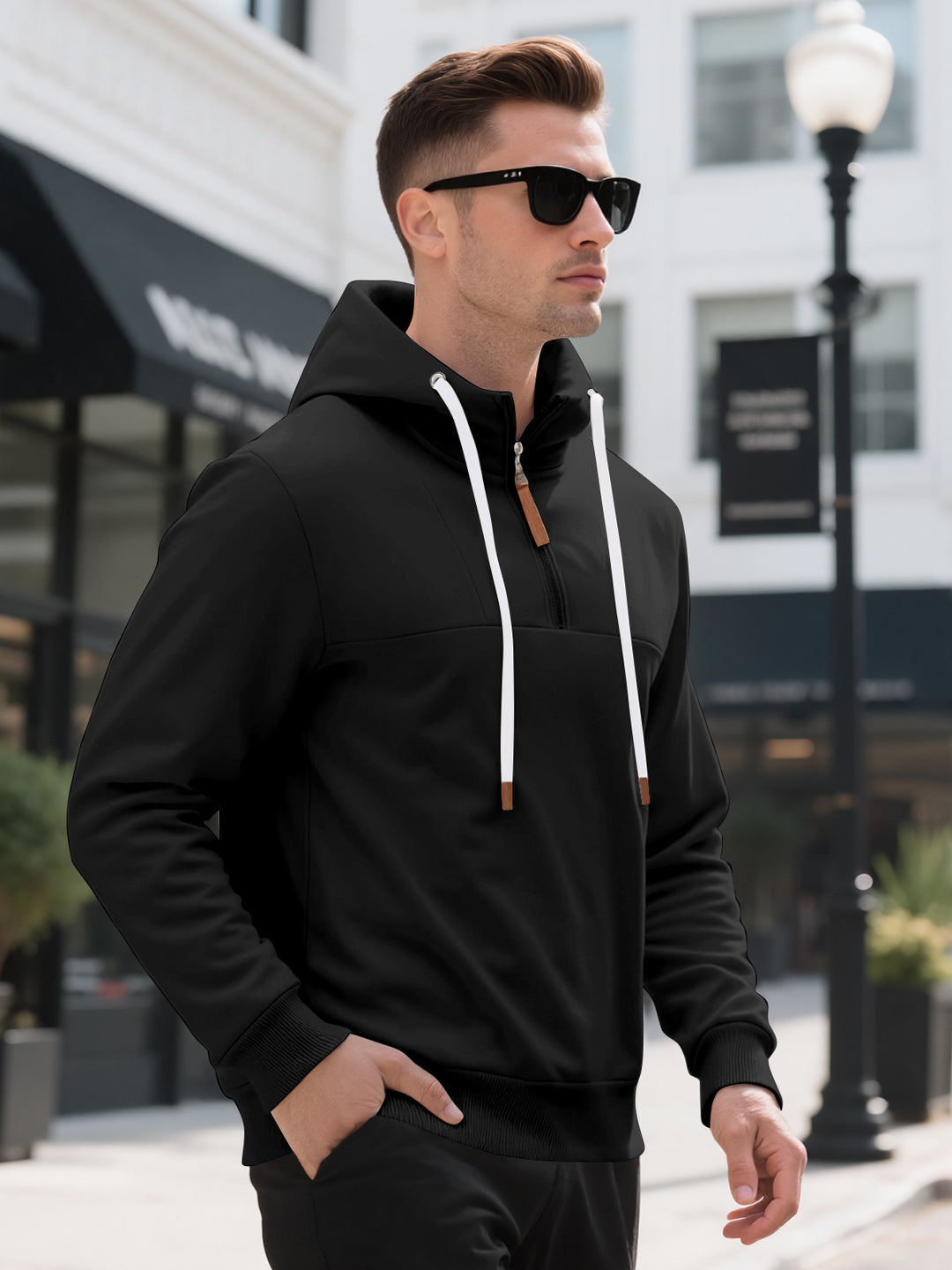 Herren Halbzip-Kapuzenpullover mit Stehkragen, Kordelzug und Lederdetails – Cavarno