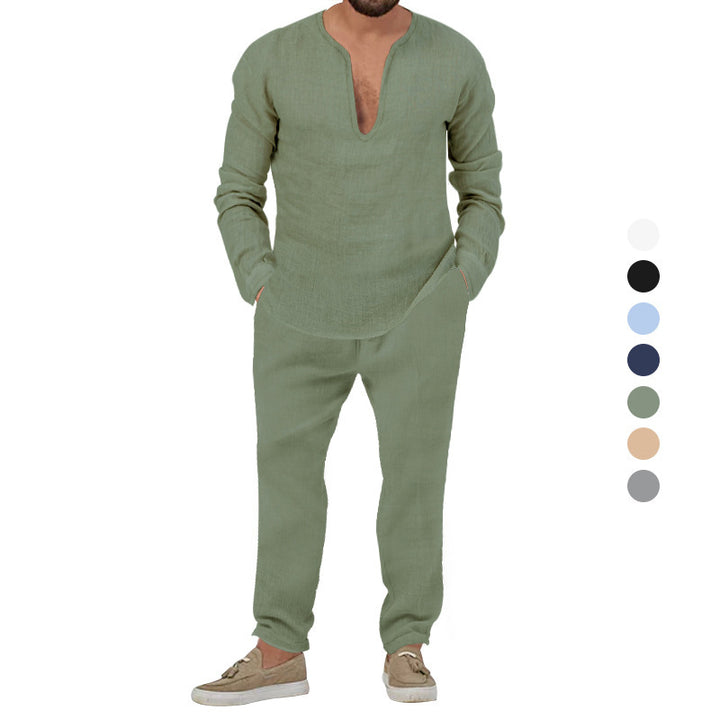 Herren Elegantes Leinen-Loungewear-Set mit Stehkragen Echoarchiv