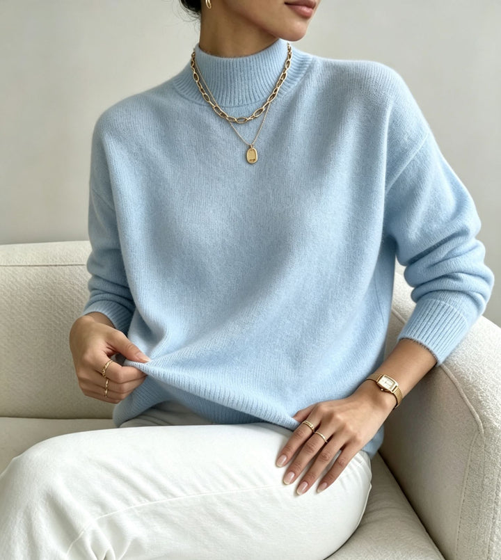 Damen kuscheliger Feinstrickpullover mit Stehkragen und überschnittener Schulter – Mavelle