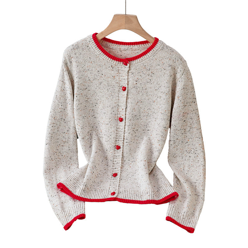Damen Gesprenkelte Strickjacke mit Kontrastkanten und Herzknöpfen Echoarchiv