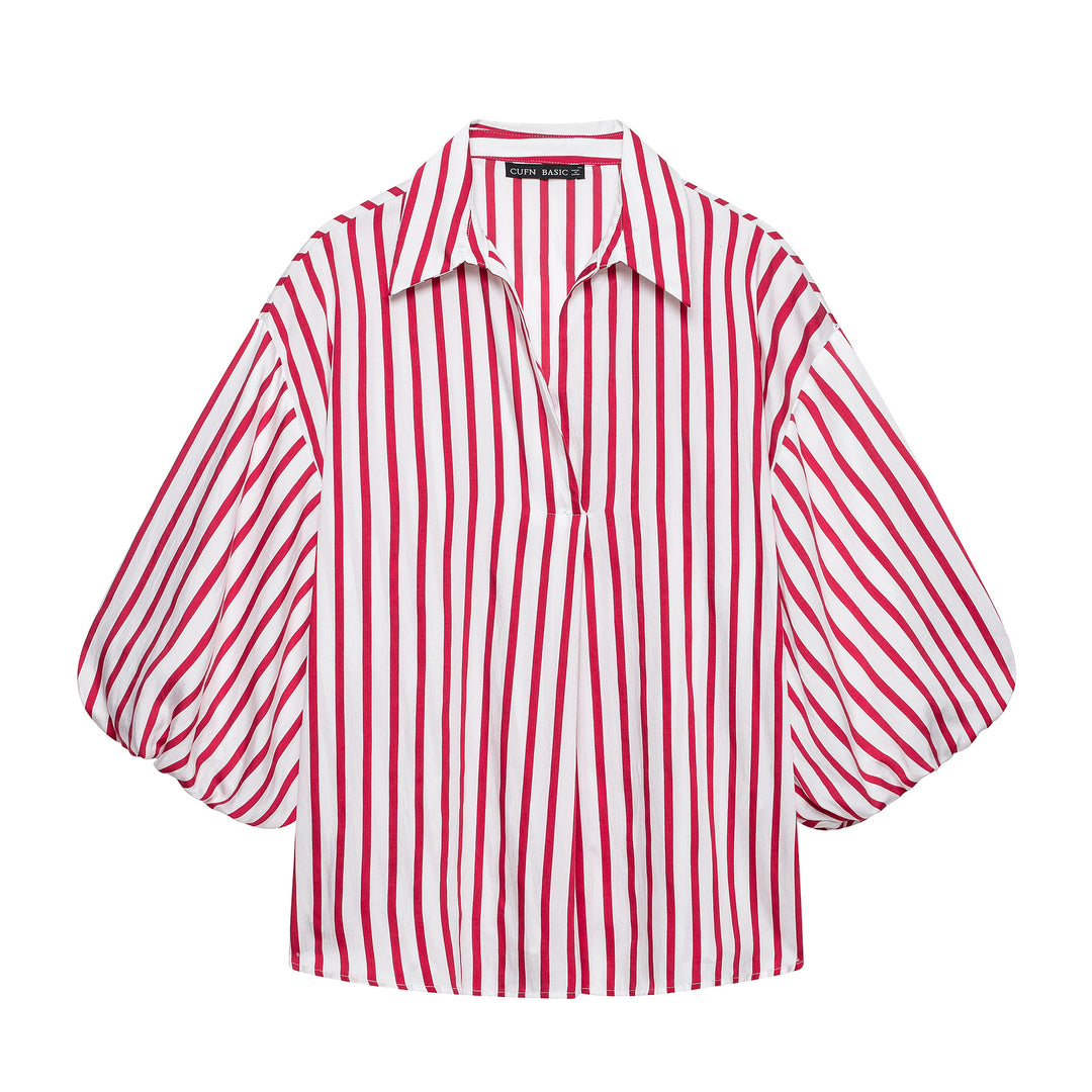Damen Gestreifte Oversize-Bluse mit Ballonärmeln Echoarchiv