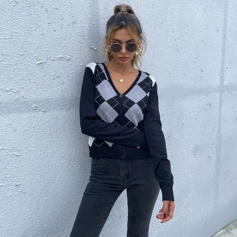 Damen Gemusterter V-Pullover Echo Archiv