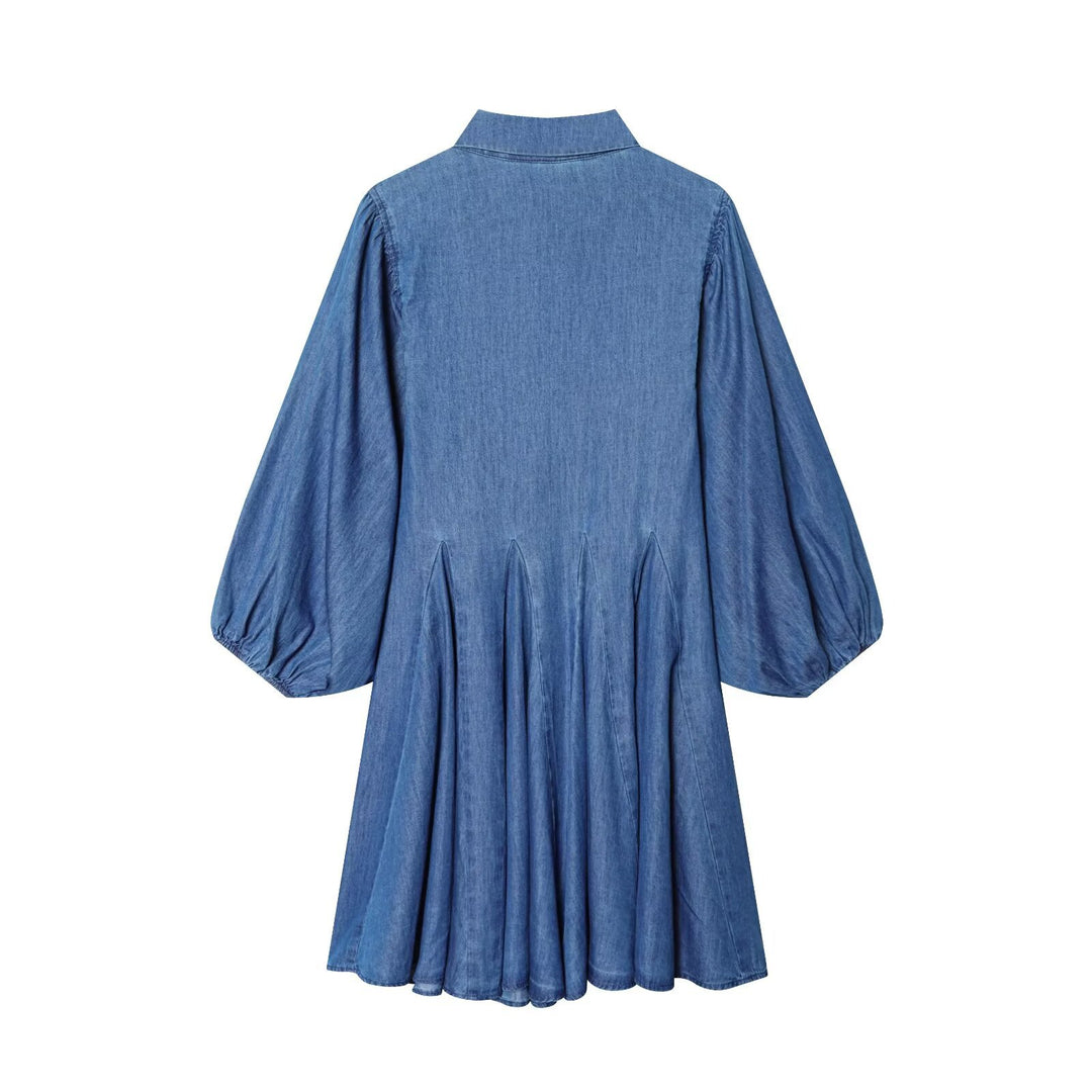 Damen Knielanges Hemdblusenkleid aus Denim mit Ballonärmeln und Faltenrock Echo Archiv