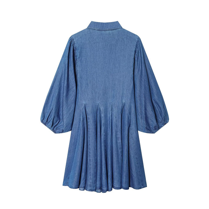 Damen Knielanges Hemdblusenkleid aus Denim mit Ballonärmeln und Faltenrock Echo Archiv