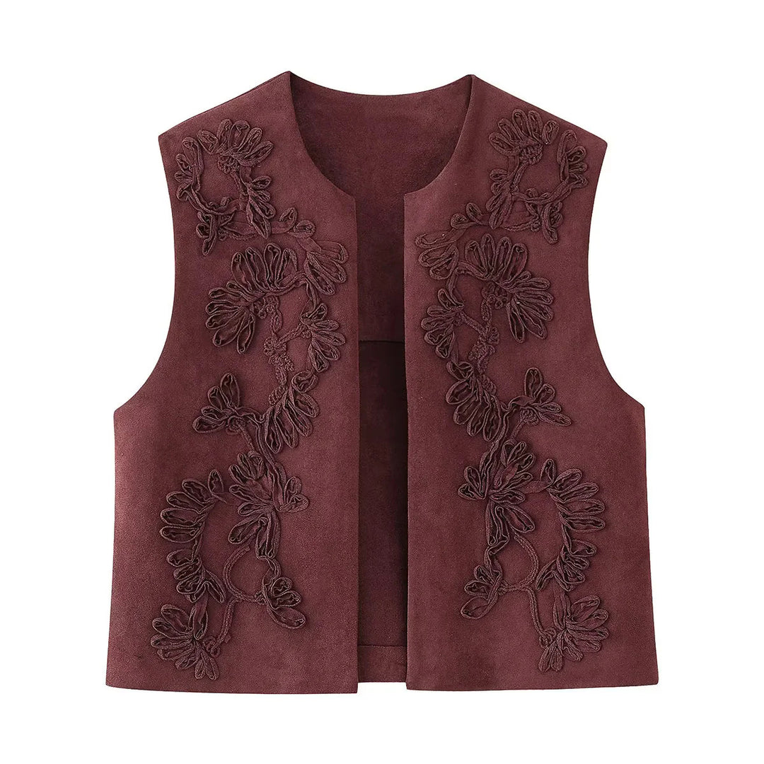 Damen bestickte Wildlederweste mit offenem Schnitt, floraler Applikation und taillierter Silhouette – Célinea