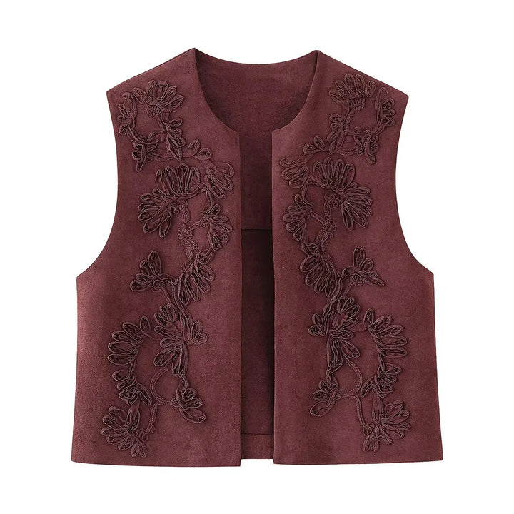 Damen bestickte Wildlederweste mit offenem Schnitt, floraler Applikation und taillierter Silhouette – Célinea