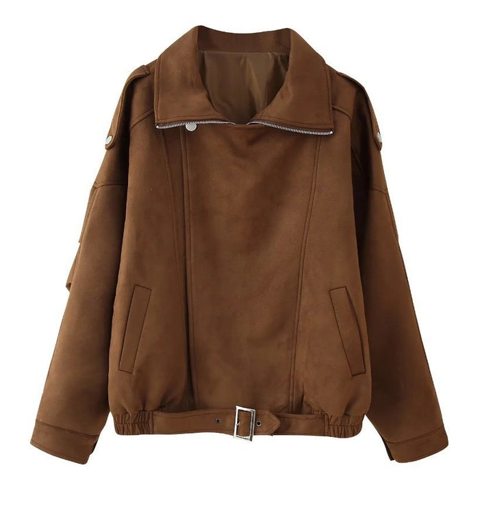 Damen Oversized Kunstwildleder‑Fliegerjacke mit Taillenriemen, Schulterpatten und Stehkragen Echo Archiv