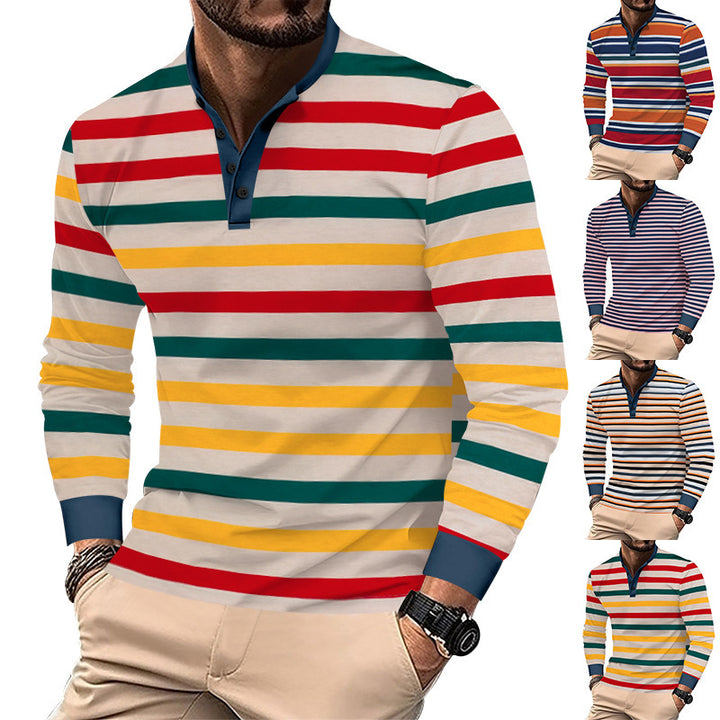 Herren nan gestreiftes Langarm-Henleyshirt mit Stehkragen, schmaler Passform und elastischem Baumwollmix Echo Archiv