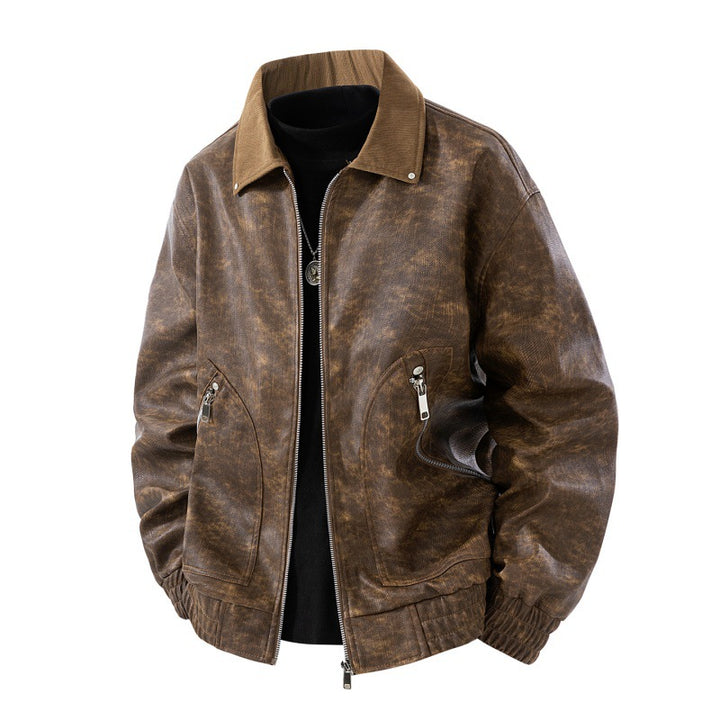Herren Nano Vintage Lederlook Bomberjacke mit Cordkragen, zwei Reißverschlusstaschen und elastischem Saum – Brevano