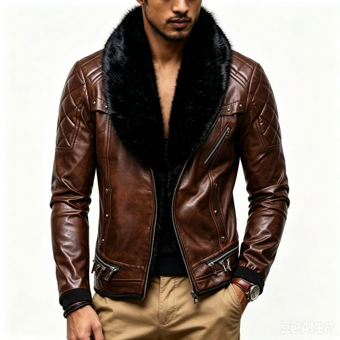 Herren Biker-Lederjacke mit gesteppter Schulter, voluminösem Fellkragen und Zierreißverschlüssen Echo Archiv