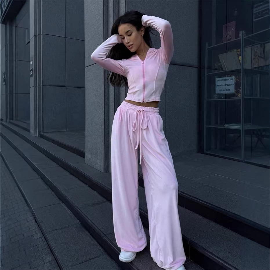 Damen Lounge-Set mit taillierter Kapuzenjacke und extraweiter Palazzo-Jogginghose – Élanora