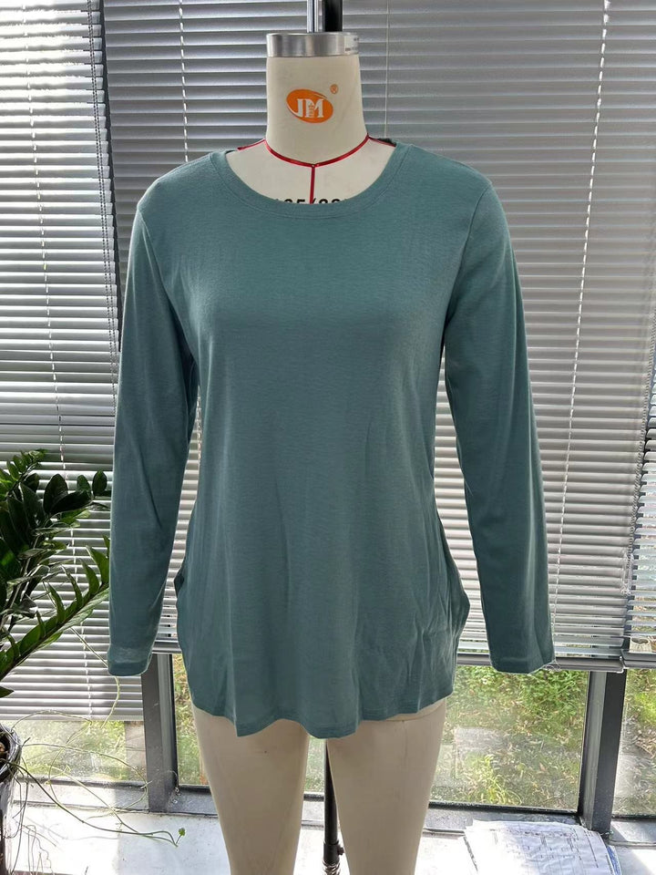 Damen Lässiges Longsleeve-Tunikaoberteil mit Rundhalsausschnitt, Seitenschlitzen und Aquarell-Blattprint Echo Archiv