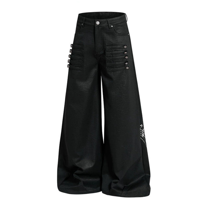 Damen Weite hochgeschnittene Palazzo-Hose mit beschichteter Lederoptik, extra weitem Bein und Statement-Print Echoarchiv