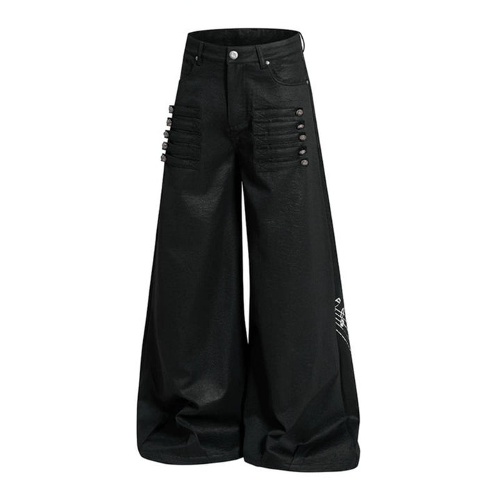 Damen Weite hochgeschnittene Palazzo-Hose mit beschichteter Lederoptik, extra weitem Bein und Statement-Print Echoarchiv