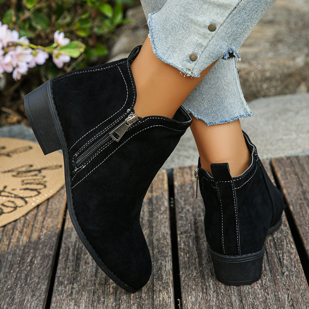 Damen elegante Ankle-Boots aus Velourslederimitat mit seitlichem Reißverschluss und niedrigem Blockabsatz Echo Archiv
