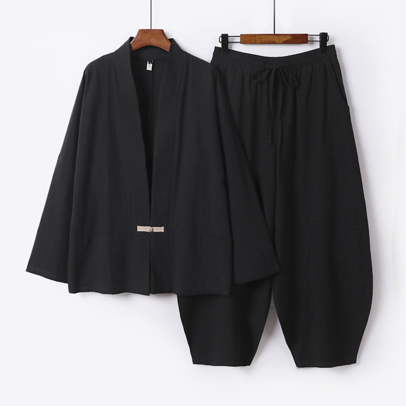 Herren Kimono-Loungewear-Set mit kurzem Schalkragen und weiten Harem-Bundhosen Echoarchiv