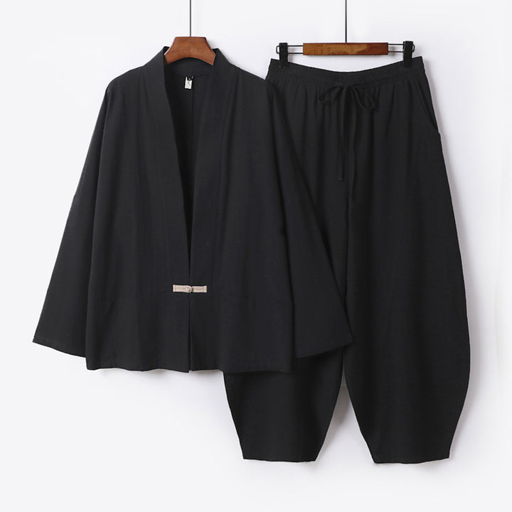 Herren Kimono-Loungewear-Set mit kurzem Schalkragen und weiten Harem-Bundhosen Echoarchiv