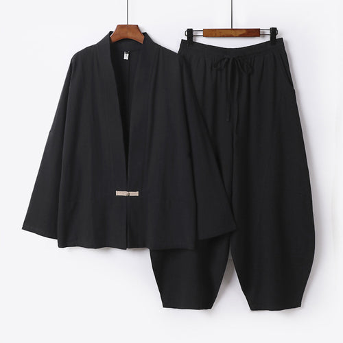 Herren Kimono-Loungewear-Set mit kurzem Schalkragen und weiten Harem-Bundhosen Echoarchiv