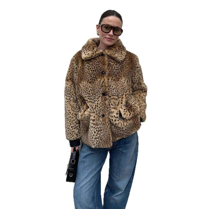 Damen Boxy-Kurzmantel aus Fauxfur mit Allover-Leopardenmuster und umlegbarem Schalkragen Echoarchiv