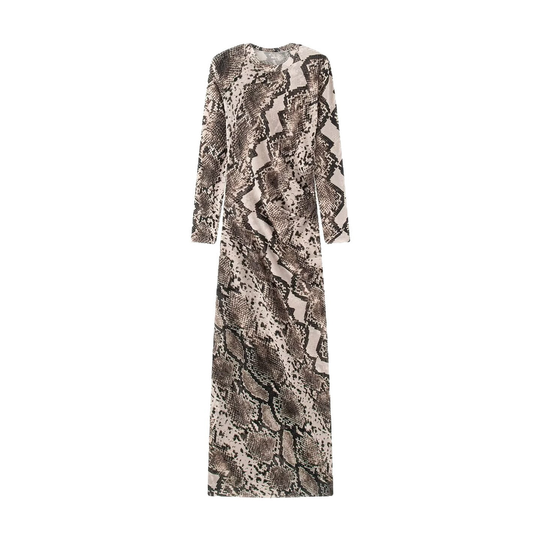 Damen Figurbetontes Maxikleid mit Allover‑Schlangenprint und langen Ärmeln Echoarchiv