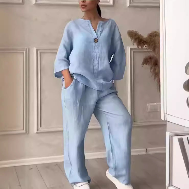 Damen nan lässiges Leinen-Relax-Set mit weiter Hose und Hemdbluse Echo Archiv