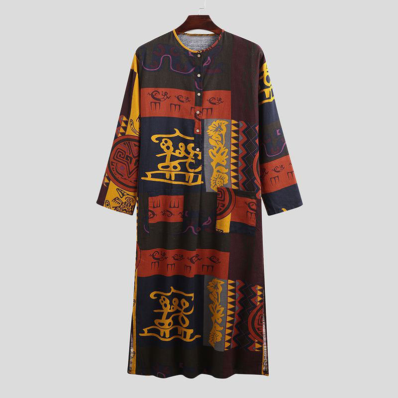 Damen nan Ethno-Maxikleid mit Stehkragen, kurzer Knopfleiste, überschnittenen Ärmeln und A-Linien-Schnitt Echo Archiv