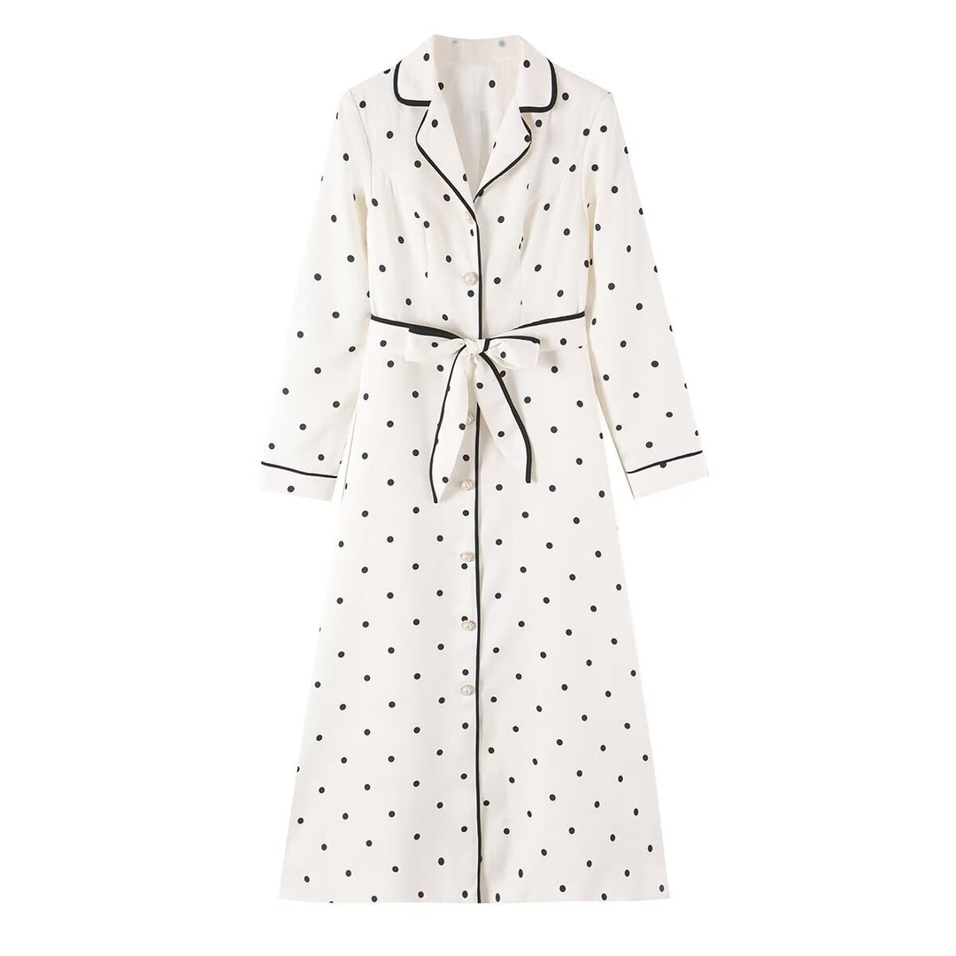 Damen Midi-Hemdblusenkleid mit Polka‑Dot, Kontrastpaspel und Taillengürtel Echoarchiv