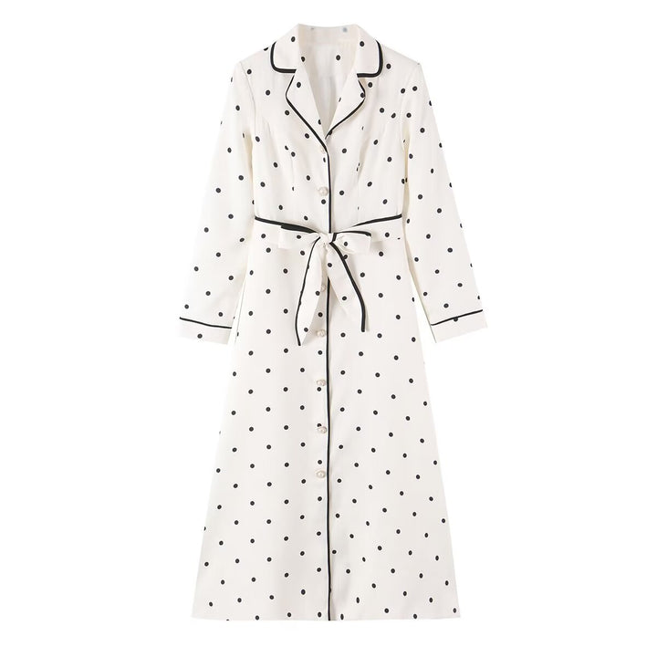Damen Midi-Hemdblusenkleid mit Polka‑Dot, Kontrastpaspel und Taillengürtel Echoarchiv