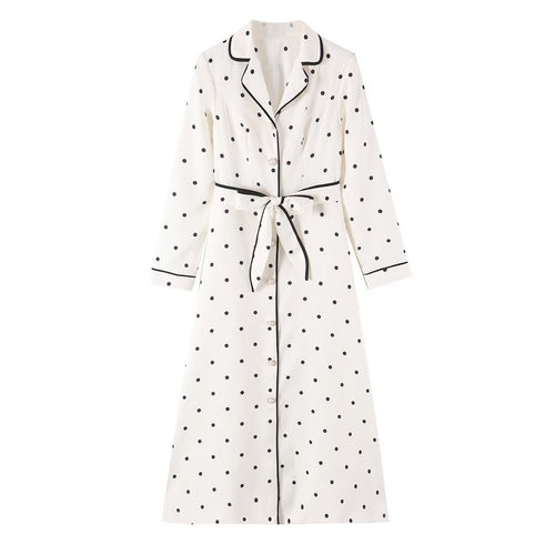 Damen Midi-Hemdblusenkleid mit Polka‑Dot, Kontrastpaspel und Taillengürtel Echoarchiv