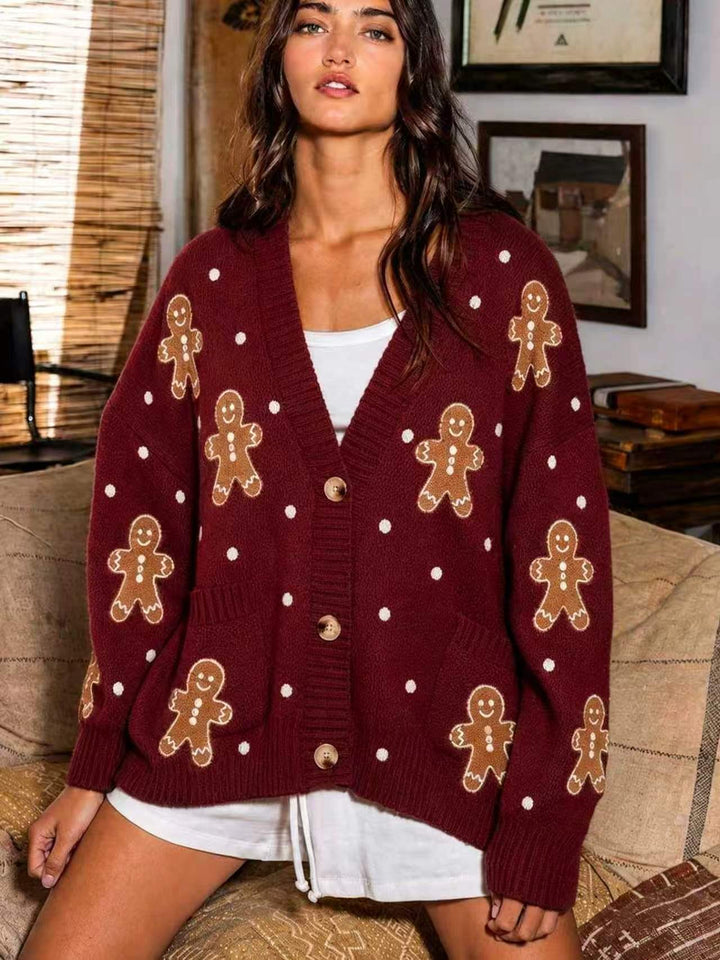 Damen nan oversized Strickcardigan mit Lebkuchenstickerei und tiefem V-Ausschnitt Echo Archiv