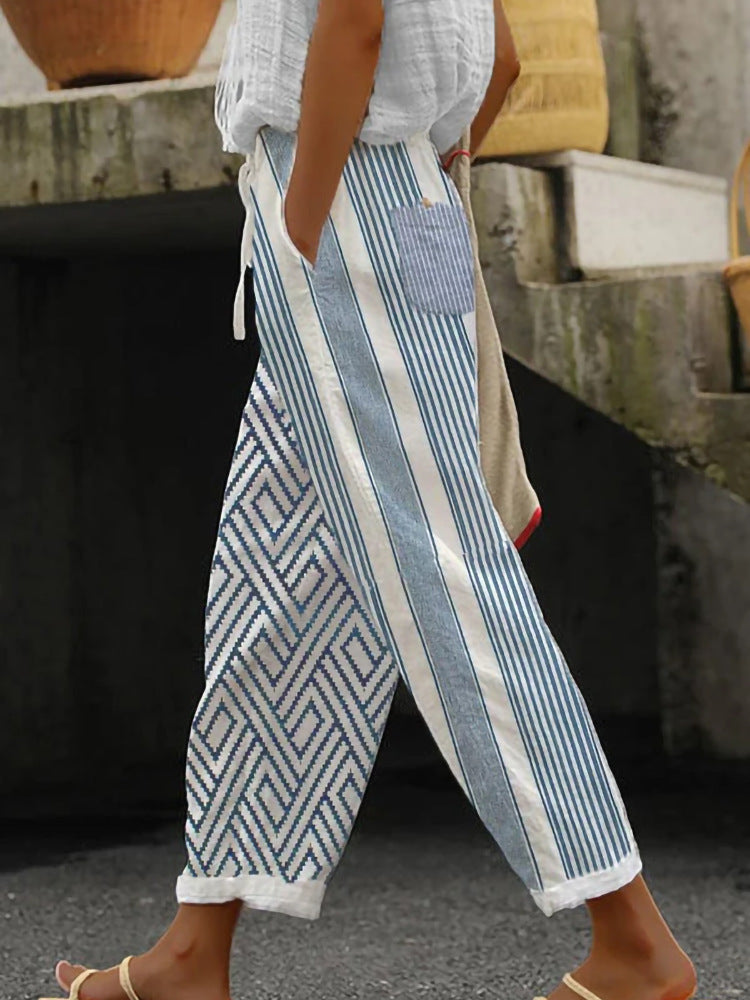 Damen Weite Leinenhose mit handgewebtem Muster Echoarchiv