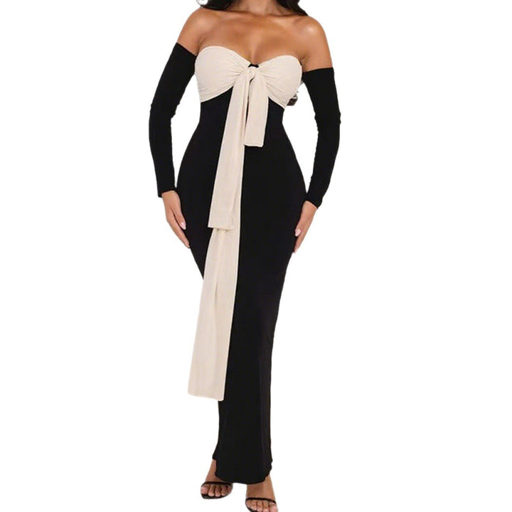 Damen Elegantes Off-Shoulder Maxikleid mit dekorativem Knoten und langen Ärmeln Echo Archiv