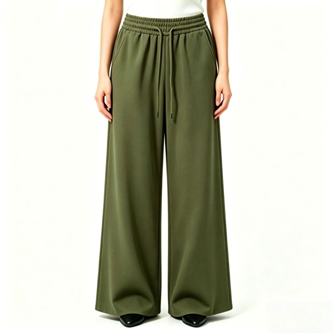 Damen weite High-Waist Loungehose mit elastischem Bund, Kordelzug und fließendem Jersey – Avélisse