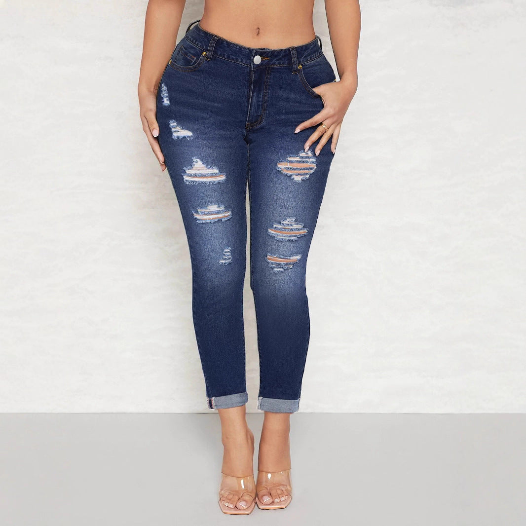 Damen Hochtaillierte Skinny-Jeans mit Destroyed-Einsätzen und umgeschlagenem Saum Echo Archiv
