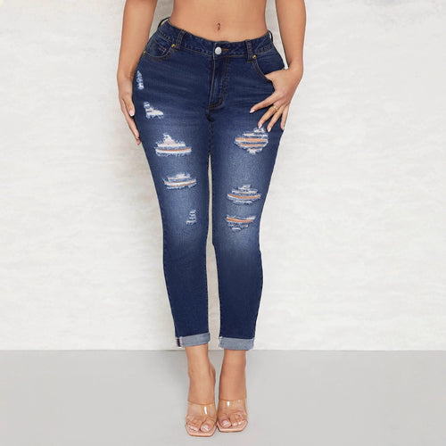 Damen Hochtaillierte Skinny-Jeans mit Destroyed-Einsätzen und umgeschlagenem Saum Echo Archiv