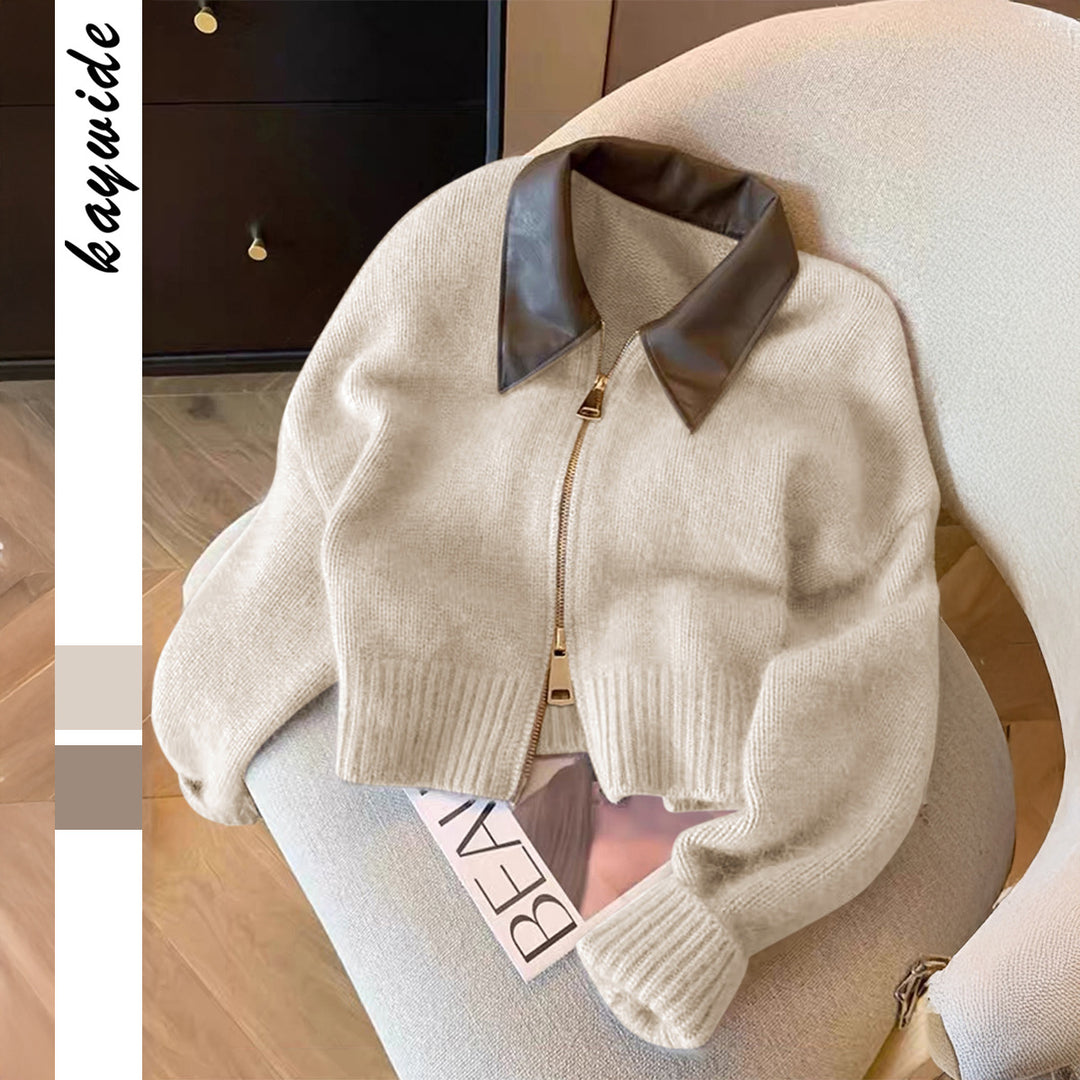 Damen kurz geschnittener Strickblouson mit Kunstlederkragen und goldfarbenem Metallreißverschluss – Célinea